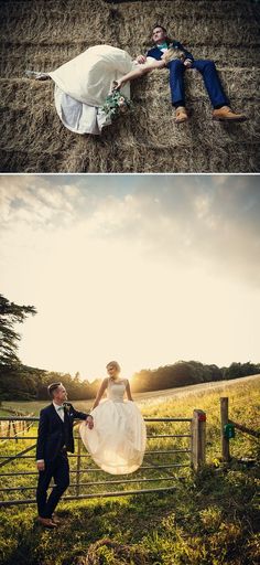 the bride and groom are laying on hay in their wedding attire, while the sun is setting behind them