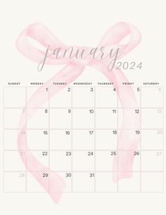 a calendar with pink ribbons on it and the word january written in cursive writing