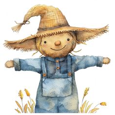 a watercolor painting of a scarecrow wearing a hat and overalls with his arms outstretched