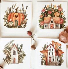 four cards with houses and pumpkins on them, one is painted in watercolor