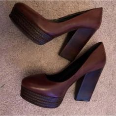 Nordstrom Trouve Brown Leather Platform Pumps With Braided Sole And Stacked Heel Size 8 Euc. Never Worn, But They Do Have A Couple Bump Marks And Scratches From Storage Super Comfy And Really Beautiful Shoe! Chic Brown Heels With Textured Sole, Brown Almond Toe Platform Heels, Brown Stacked Heel Formal Heels, Burgundy Leather Platform Heels, Platform Pumps, Stacked Heel, Beautiful Shoes, Bump, Shoes Women Heels