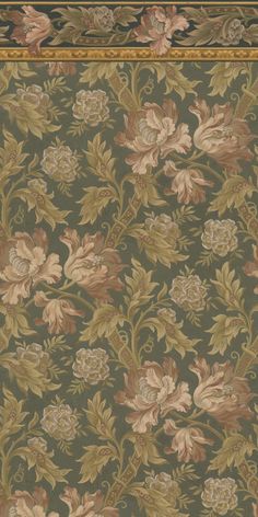 an old rug with flowers and leaves on the bottom, in green color scheme that is bordered with gold trimmings