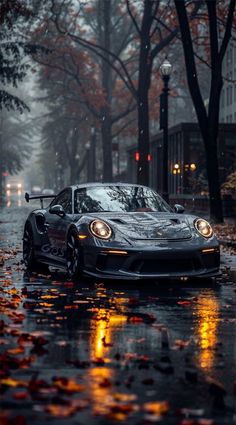 a black sports car driving down a rain soaked street in front of some trees with red leaves on the ground