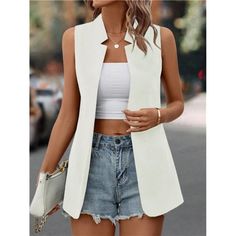 -Item Id 14114678 -Neckline: Notched -Style: Casual -Type: Vest -Color: White -Pattern Type: Plain -Sleeve Length: Sleeveless -Fit Type: Regular Fit -Length: Long -Material: Woven Fabric -Composition: 95% Polyester, 5% Elastane -Care Instructions: Machine Wash Or Professional Dry Clean -Sheer: No -Fabric: Non-Stretch -Body: Unlined -Pockets: No -Temperature: Spring/Fall (18-25/63-77) **Open To Offers!!!** **Bundle To Save More** **30% Off Bundles Of 2 Or More Items!!** ***Orders Go Out Within 5- Fitted V-neck Summer Outerwear, Chic Stretch Vest For Day Out, Fitted V-neck Outerwear For Day Out, Elegant Vest For Summer, White V-neck Vest Outerwear, Chic Stretch Vest For Spring, White Fitted Vest For Spring, Fitted White Vest For Spring, Fitted Open Front Vest For Fall