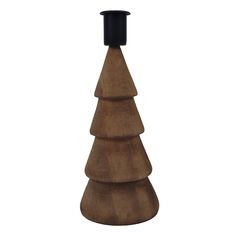 a wooden cone shaped candle holder with a black top on the bottom, and a white background