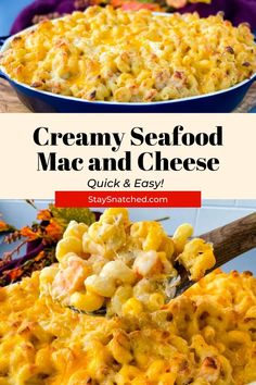 creamy seafood macaroni and cheese in a blue casserole dish with text overlay