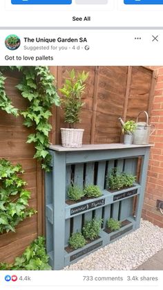 an outdoor shelf with plants growing on it