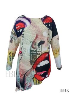 Ebeek - Womens Plus Size Pop Art Print Drop Shoulder Long Sleeve Round Neck Asymmetric Hem Tunic Tee - A Versatile and Chic Casual Option Multicolor Printed Stretch T-shirt, Multicolor Abstract Print Crew Neck T-shirt, Multicolor Abstract Print V-neck Top, Pop Art Print, Print Tunic, Asymmetric Hem, Drop Shoulder, Autumn Summer, Types Of Printing