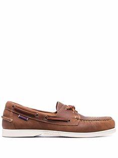 brown leather contrast stitching logo patch to the side almond toe front lace-up fastening branded leather insole flat rubber sole Stitching Logo, Versace Designer, Shoes Brown, Thom Browne, Sperrys, Loafer Shoes, Boat Shoes, Patch Logo, Calf Leather