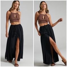 It’s A Skirt With Inner Shorts Attached 100 % Rayon Black Tassel With Draw String Wear As Swim Cover Up Or With A Cute Top Chic Split Bottoms For Day Out, Trendy Long Skirt For Night Out, Versatile Maxi Skirt For Vacation, Chic Black Split Maxi Skirt, Trendy Black Split Bottoms, Casual Lined Skirt For Date Night, Summer Going Out Bottoms With Lined Skirt, Chic Forever 21 Crop Top For Vacation, Summer Lined Skirt For Going Out