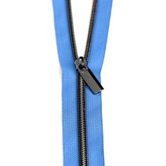 an open blue zipper with a black metal hook on the end and a white background