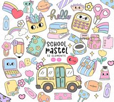 the back to school pastel clipart is shown in various colors and shapes, including books