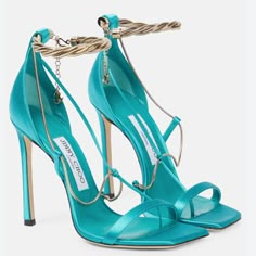 *Price Is Firm* Jimmy Choo Oriana 110 Turquoise Gold Heel Condition: New With Minor Dust Marks Size: 36 Heel Height: 110mm All Shoes Will Be Shipped Alone, No Dustbag Or Box Buy With Confidence! We Guarantee Authenticity Of All Products Sold. Unique Shoe, Satin Sandals, Dr Shoes, Fashion Shoes Heels, Jimmy Choo Heels, Aesthetic Shoes, Ladies Shoes, Jimmy Choo Shoes, Sandals Brands