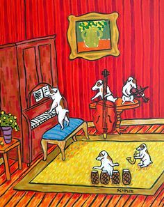 a painting of mice playing music in a living room with red walls and striped carpet