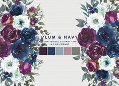 an image of plum and navy flowers on a white background with color swatches in the bottom corner