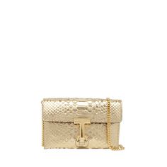 TOM FORD "Monarch" shoulder bag in metallic python-embossed leather and brass  Detachable chain shoulder strap Can be worn as a clutch or shoulder bag  Flap top with T-lift clasp closure  Lining: Leather Approx. 5.1"H x 8.7"W x 2.6"D Item Weight (Lbs.): 0.9 Made in Italy Leather And Brass, Dark Gold, 6 D, Python, Tom Ford, Cross Body Handbags, Mini Bag, Tops Designs, Shoulder Strap