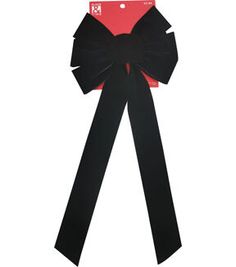 a black ribbon with a red tag on it's side and a bow at the top