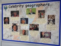 a bulletin board with pictures of celebrity geographs on the front and back wall in an office