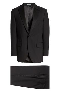 Fine wool and handsome satin trim define a clean, tailored tuxedo that's ready for elegant evenings and special occasions. Jacket has peaked lapels Partially lined 100% wool Dry clean Made in Canada Classic Tuxedo With Lapel Collar For Black Tie, Classic Black Tie Tuxedo With Lapel Collar, Classic Formal Tuxedo With Structured Boning, Tailored Silk Tuxedo With Single Button, Tailored Black Silk Tuxedo, Black Silk Suits With Lapel Collar, Classic Tailored Tuxedo With Suit Collar, Classic Tuxedo With Notch Lapel, Classic Formal Tuxedo With Welt Pockets