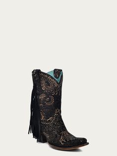 floral gold stamped black suede side fringe ankle boot women's boots A4492 Western Suede Fringe Boots, Western Style Suede Boots With Fringe, Western Suede Boots With Tassels, Fall Fringe Boots With Snip Toe, Fall Fringe Fitted Boots, Fringe Fitted Boots For Fall, Fitted Fringe Boots For Fall, Square Toe Ankle Boots, Side Fringe