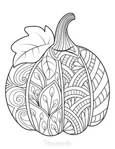 a black and white drawing of a pumpkin with swirly designs on the front, inside