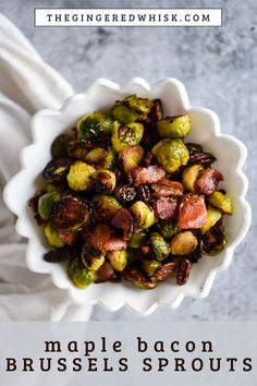 a white bowl filled with brussel sprouts and bacon