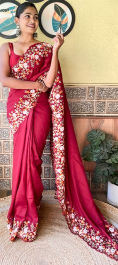 Red and Maroon color Saree in Art Silk fabric with Embroidered, Sequence, Thread work Red Saree Set With Floral Embroidery, Red Floral Embroidered Saree Set, Red Semi-stitched Set With Floral Embroidery, Red Floral Embroidered Sets For Navratri, Red Sets With Floral Embroidery For Navratri, Red Floral Embroidered Sets For Festivals, Red Sets With Floral Embroidery For Festivals, Semi-stitched Red Chanderi Blouse Piece, Red Floral Embroidered Sets For Eid