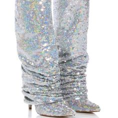 The Azalea Wang " Lifes Best Embellishments " Sequin Boot In Silver Is Made From An Iridescent Sequin-Embellished Metallic Upper And Features A Pointed Toe Silhouette, A Mid-Calf Height Shaft, A Covered Stiletto Heel, And A Slip-On Fit. - Sequin Mesh Upper - Pointed Toe - Covered Stiletto Heel - 12.25” Shaft Height - 4.25” Heel Height - Imported Beyonce Concert Outfit, Sequin Boots, Glitter Boots, Azalea Wang, Size 11 Heels, Girls Boots, Handbag Shoes, Stiletto Heel, Shoes Heels Boots