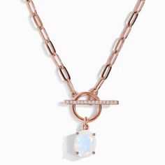 18kt Rose Gold Vermeil Widelink T Lock Necklace Combines The Wearable Ease Of An Easy On, Easy Off T Lock Featuring A Dainty Row Of White Zircon Or White Topaz (Not Sure). Top It Off With An Authentic Gia Certified Moonstone Dangle For An Added Dash Of Upscale Individuality. New For You, Never Worn. Details: - 18kt Rose Gold Vermeil - Chain Length: 16" Rose Gold Oval Link Necklaces As Gift, Rose Gold Oval Link Necklace Gift, Rose Gold Oval Link Necklace, Elegant Rose Gold Necklace With Paperclip Chain, Dainty Rose Gold Oval Link Necklace, Elegant Rose Gold Paperclip Chain Necklace, Rose Gold Oval Link Jewelry With Adjustable Chain, Rose Gold Necklaces With Adjustable Oval Link Chain, Rose Gold Oval Link Paperclip Chain Jewelry