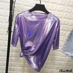 Olivia Mark - Loose-Fitting Reflective Dance Costume for Performances Club Aesthetic, Harajuku Women, Silk T Shirt, Clubbing Aesthetic, Summer Retro, Women Tshirt, Retro Mode, Loose Shorts, Solid Clothes