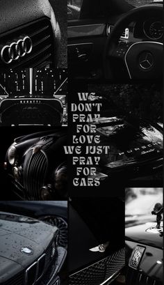 black and white photo collage with car emblems, steering wheel hubs, and the words we don't care for cars