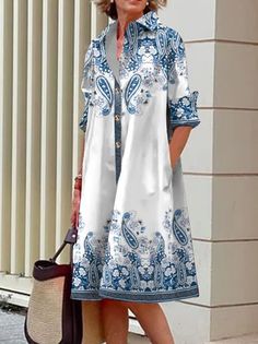 Casual White Printed Shirt Dress, Loose Long Sleeve Shirt, Loose Shirt Dress, Womens Trendy Dresses, Vintage Paisley, Cotton Linen Dresses, Urban Looks, Dresses By Length, Dress Shirts For Women