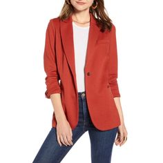 Bring The Power From Your Suit To Your Layering Wardrobe With This Knit Blazer That Adds Boss Style To Any Look Whether You're At Work Or Just Working It. - Condition: Brand New With Tags! - Style: Tb383906mi - Orig: $99 - Color: Red Ochre (Rust Orange Red) - Tag Size: Large (12-14) - Material: 72% Polyester, 25% Rayon, 3% Spandex - Single Front Button Closure - Notched Lapel - Long Sleeves With Button Cuffs - Front Welt Pockets; Chest Patch Pocket - Machine Wash, Line Dry Approx. Measurements ( Boss Style, Red Ochre, Burgundy Jacket, Nordstrom Women, Denim Blazer, Knit Blazer, Lace Evening Dresses, Long Knit, Striped Blazer