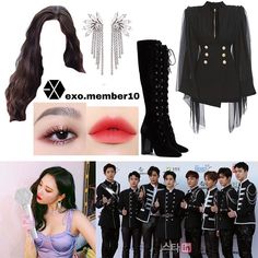 a collage of photos with various outfits and accessories including boots, lipstick, eyeliners