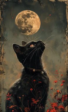 a painting of a black cat looking up at the moon with red flowers in front of it