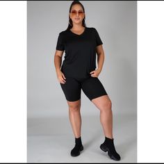 Solid Color Two Piece Outfits Plus Size Women's Casual V-Neck T-Shirt Shorts Suit Stretch Two Piece Set Short Sleeve Top V Neckline No Closure Biker Short 96% Polyester 4% Spandex Model Is Wearing 1x Model Stats Height: 5.8" Bust:43" / Waist:34" / Hips:45" Black V-neck Activewear, Black V-neck Athleisure Activewear, Activewear Pattern, Biker Shorts Outfit, Two Piece Outfits, Biker Short, Blue Jean Shorts, Cycling Shorts, Short Suit