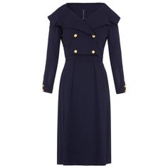 This chic late 1950s or 1960s navy silk crepe dress suit with brass naval-style buttons is from American label Mr Mort and is in impeccable vintage condition. The double-breasted cropped jacket features four gold gilt buttons, a stylish sailor collar and full-length sleeves, each with two matching buttons to embellish the cuff. The accompanying dress has a simple, elegant line, with a gentle scoop neckline and cap sleeves. The bodice is neatly tailored to accentuate the bust cinching neatly at t Queen Diana, Suits Outfits, Suit Outfit, Calf Length Skirts, Blue Long Sleeve Dress, Jacket Suit, Dress And Jacket, Skirt And Top Set, Vintage Suits