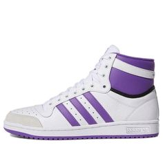 The adidas Top Ten High 'White Active Purple' is the perfect blend of classic basketball silhouette and modern comfort. Featuring a sleek white upper and purple accents, this sneaker is designed for maximum performance on the court. The rubber sole provides superior traction and durability, while the suede overlays add a contemporary touch. This sneaker is perfect for casual outings and activities, and is sure to turn heads. Inspired by the iconic basketball silhouette, the adidas Top Ten High is the perfect sneaker for those looking for a classic style with modern comfort. (SNKR/Cozy/Skate/Unisex/Wear-resistant) Purple High-top Basketball Sneakers, Purple High-top Sneakers For Basketball, Casual Purple Sneakers For Basketball, Purple High-top Sneakers For Light Sports, White High-top Sneakers With Cushioned Footbed For Basketball, Purple Lace-up High-top Sneakers For Light Sports, Purple High-top Sneakers With Boost Midsole For Sports, Purple High-top Basketball Shoes, Purple Lace-up High-top Sneakers