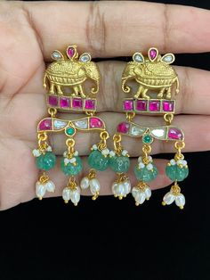 Jadau Kundan earrings, medium size Jeweled Drop Earrings For Gift, Green Jeweled Fusion Earrings, Traditional Jeweled Dangle Danglers, Jeweled Drop Earrings For Festivals, Multicolor Jeweled Earrings For Wedding, Jeweled Drop Danglers For Festivals, Unique Gemstone Earrings For Party, Festive Jeweled Danglers, Fusion Style Kundan Jeweled Earrings