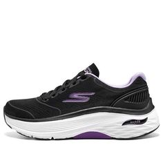 (WMNS) Skechers Max Cushioning Arch Fit 'Black Purple White' 128923-BKLV Black Walking Shoes With Boost Midsole, Black Running Shoes With Arch Support, Black Running Shoes With Arch Support For Walking, Black Lace-up Walking Shoes With Arch Support, Black Walking Shoes With Air Max Cushioning, Sporty Black Walking Shoes With Air Cushioning, Black Synthetic Sneakers With Arch Support, Black Breathable Synthetic Walking Shoes, Black Synthetic Walking Shoes For Sports