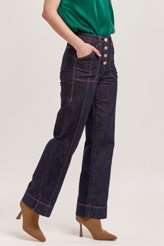 image of a female model wearing a HOLLY SUPER HIGH RISE CUFFED STRAIGHT JEANS DARK DENIM DEAR JOHN DENIM Skirt And Top Dress, Tencel Denim, High Rise Straight Leg Jeans, Denim Essentials, Dear John, Medium Wash Jeans, Comfy Sweaters, High Rise Denim, Wide Pants