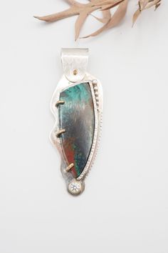 "Listing is for Contemporary Art Studio Designer Sterling Silver Chrysocolla 14k gold accents Cubic Zirconia Architectural Pendant. Beautifully crafted, Art Studio Designer piece.  Marked sterling and 14k gold. Pendant measures 2.8\" x 0.9\". Weight is 21.8 grams.    Good vintage condition!  Thank you. (N121)" Metal Art Jewelry, Astrology Jewelry, Malachite Pendant, Mixed Metal Jewelry, Precious Metal Clay, Set Jewelry, Art Pendant, Cabochon Pendant, Silver Art