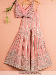 Summer Festive Georgette Sets, Pink Floor-length Georgette Palazzo Set, Pink Anarkali Palazzo Set For Summer, Summer Party Wear Designer Sets, Designer Summer Party Wear Sets, Baby Pink Indian Outfit, Pink Georgette Palazzo Set With Mirror Work, Summer Reception Georgette Sharara, Pink Floor-length Sets For Summer