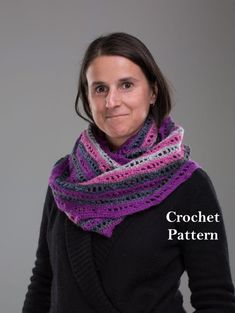 a woman wearing a purple and gray crochet scarf with the words crochet pattern on it