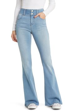 These soft and stretchy flare jeans feature a high, wide waistband with a shapewear effect that comfortably contours your natural silhouette. 34" inseam; 23" leg opening; 10 1/2" front rise; 15" back rise 51% cotton, 26% polyester, 22% rayon, 1% spandex Machine wash, tumble dry Imported Medium Wash High Waist Stretch Flare Jeans, High Waist Stretch Flare Jeans In Medium Wash, Stretch High Rise Medium Wash Flares, Casual Stretch Denim Blue Flares, Casual Stretch Denim Flares, Light Wash Stretch Flare Jeans, High Rise Medium Wash Fitted Flares, Mid-rise Stretch Denim Flares, Stretch Mid-rise Denim Flares