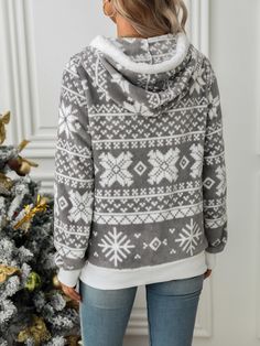 Women's Christmas Fleece Jacket Coat Holiday Outfits Grey Christmas Cardigan Coat with Hoode White Fleece Hooded Jacket For Winter, Winter Hooded Jacket With Fleece Lining And Cozy Fit, Warm Cozy Hooded Jacket For Winter, Cozy Warm Hooded Jacket For Winter, Cozy Warm Hooded Winter Jacket, Cozy White Hooded Jacket For Winter, Cozy White Winter Hooded Jacket, Casual Winter Holiday Outerwear, Christmas Long Sleeve Outerwear