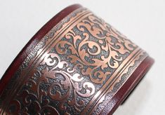 "Stylish etched and riveted copper and leather cuff bracelet. standard size: 14 cm long (5.5\") from end to end (inside). Full inner circuit - 16 cm (6.3\"), you can a little bit reduce or enlarge. Important information When buying, please provide the exact circumference of your wrist. Please do not add additional space when measuring. I will add about 1 cm for your comfort.  Otherwise, I am sending a standard size bracelet (size indicated above) The width of the bracelet 3.8 cm (1.5\") The bracelet is made of veg tanned cow leather, hand-dyed.  It is protected with acrylic resolene and the edges additionally with gum tragacanth. For information on caring for leather and copper bracelets, see shop policies at the end. Because each bracelet is individually dyed,  the proposed colors on the Tree Of Life Bracelet, Leather Bracelets Women, Personalized Leather Bracelet, Etched Copper, Oil Diffuser Bracelet, Wide Cuff Bracelets, Leather Wristbands, Bracelet Leather