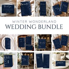 the winter wonderland wedding bundle is shown in blue and white, with gold details on it