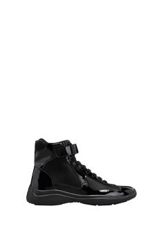 "Find PRADA America's Cup Patent Leather High-top Sneakers on Editorialist. Prada \"America's Cup\" sneakers in patent calf leather and mesh nylon. Red Prada label. Flat heel. Reinforced round toe. Laceup vamp with gripstrap. Streetwear. Rubber sole. Made in Italy." Designer Patent Leather Sneakers For Streetwear, Designer High-top Patent Leather Sneakers, Luxury High-top Patent Leather Sneakers, Modern Patent Leather High-top Sneakers, Modern High-top Patent Leather Sneakers, Sporty Patent Leather High-top Lace-up Sneakers, Sporty Patent Leather High-top Sneakers, Patent Leather Sneakers With Rubber Sole, Leather Sneakers Men