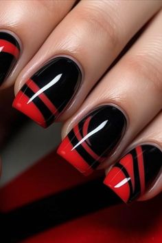 Red And Black Fingernail Designs, Ga Bulldog Nails Red Black, Red And Black Fingernails, Ted And Black Nail Designs, Red Black Nails Designs, Red Black Nail Art, Husker Nails, Red And Black Nails Design, Black And Red Nail Designs